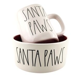 Rae Dunn Matching SANTA PAWS Marching Mug & Dog Bowl Set Large Letters White Red